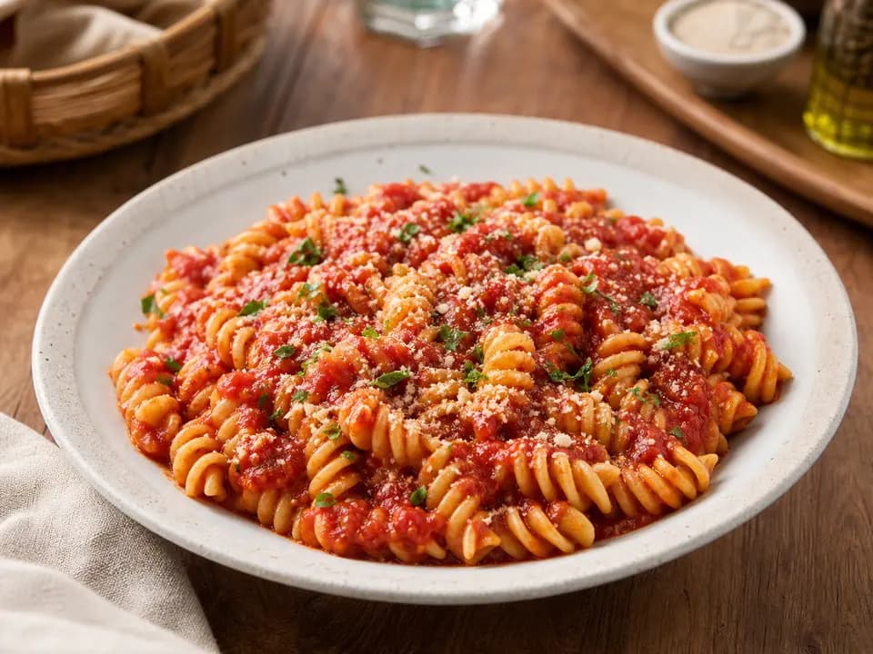 Original editorial rendering of Rotini Pasta with Marinara for the gluten-sensitive reference menu reference