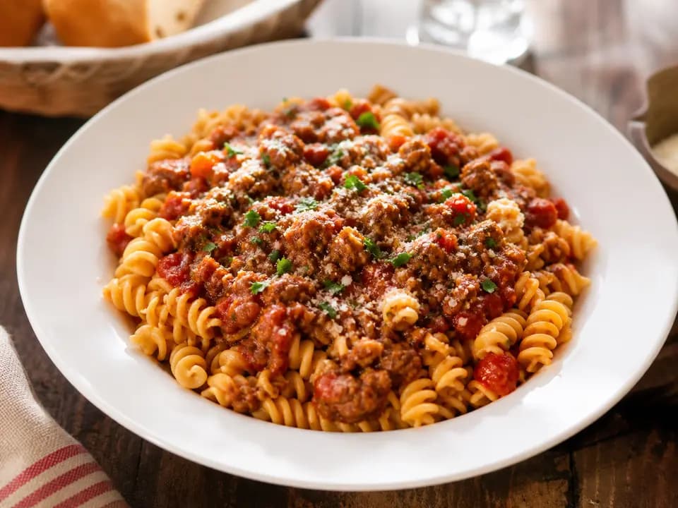 Original editorial rendering of Rotini Pasta with Meat Sauce for the gluten-sensitive reference menu reference