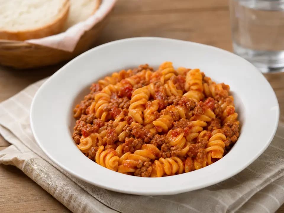 Original editorial rendering of Kids Rotini with Meat Sauce for the kids menu reference