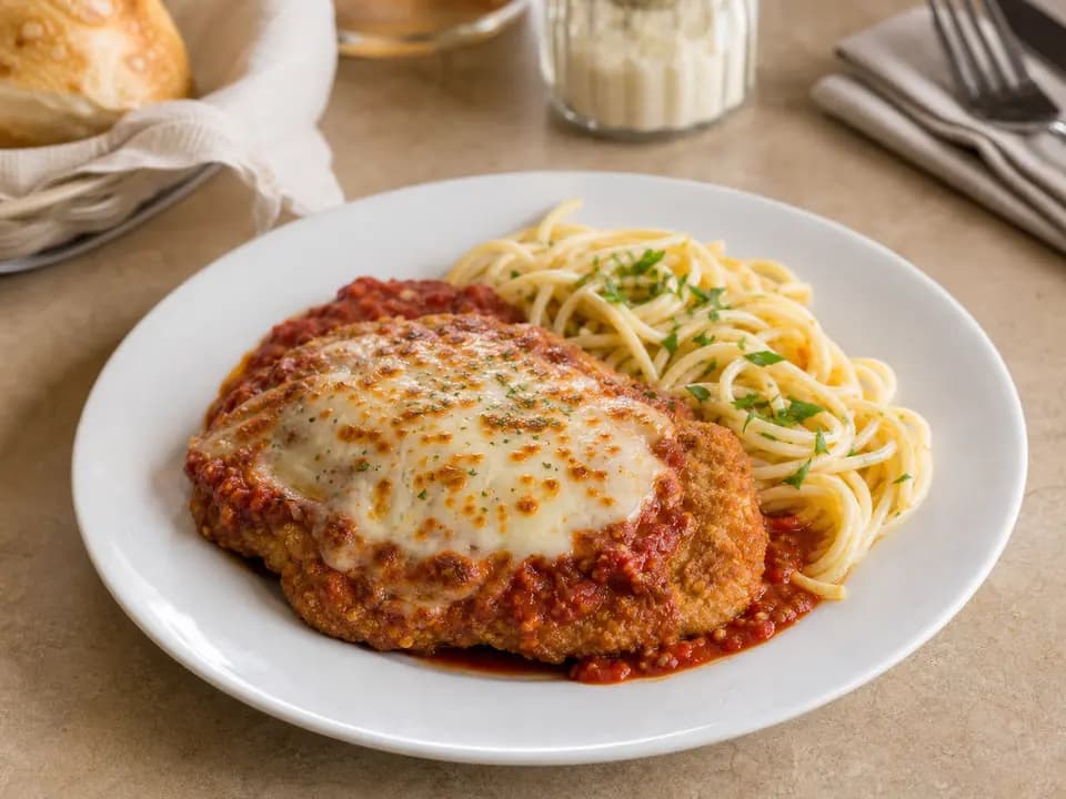 Original editorial rendering of Chicken Parmigiana for the lunch menu reference