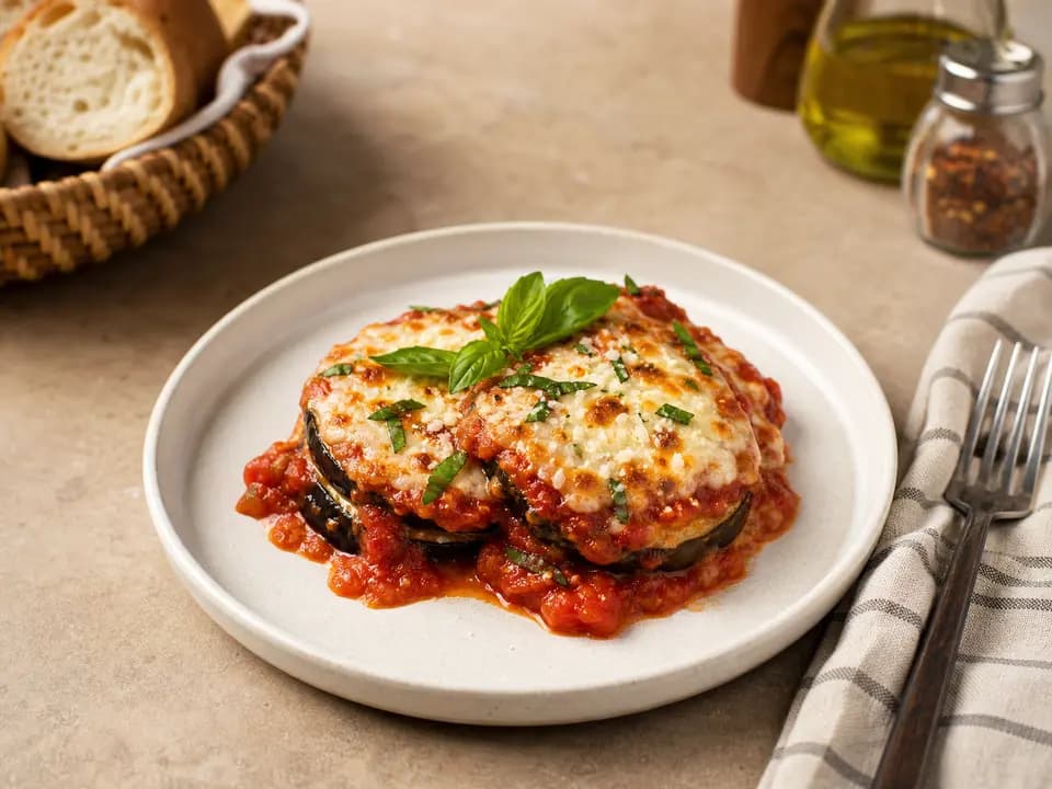 Original editorial rendering of Eggplant Parmigiana (V) for the lunch menu reference