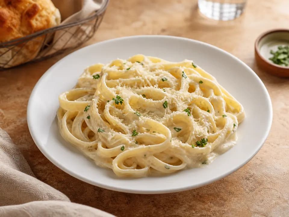 Original editorial rendering of Fettuccine Alfredo (V) for the lunch menu reference