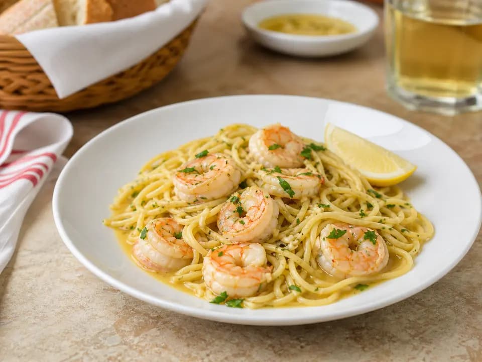 Original editorial rendering of Shrimp Scampi for the lunch menu reference