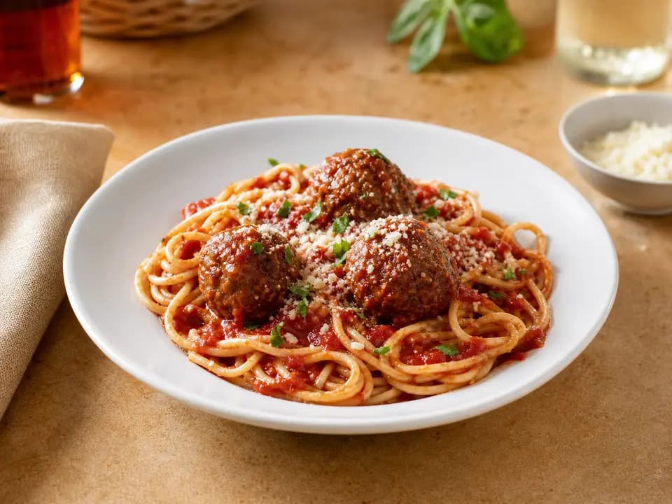 Original editorial rendering of Spaghetti & Meatballs for the lunch menu reference