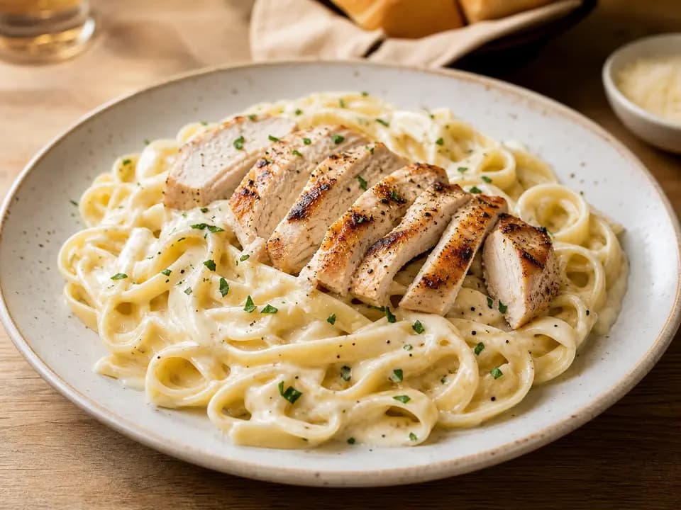Original editorial rendering of Chicken Alfredo for the pasta menu reference