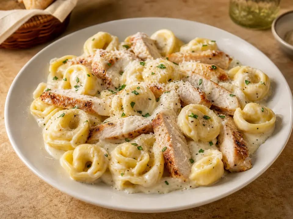 Original editorial rendering of Chicken Tortelloni Alfredo for the pasta menu reference