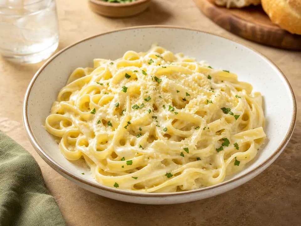 Original editorial rendering of Fettuccine Alfredo (V) for the pasta menu reference
