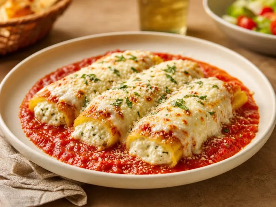 Original editorial rendering of Four-Cheese Manicotti for the pasta menu reference