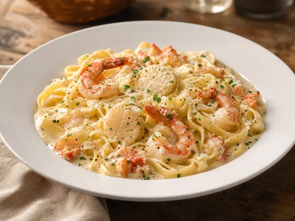 Original editorial rendering of Seafood Alfredo for the pasta menu reference