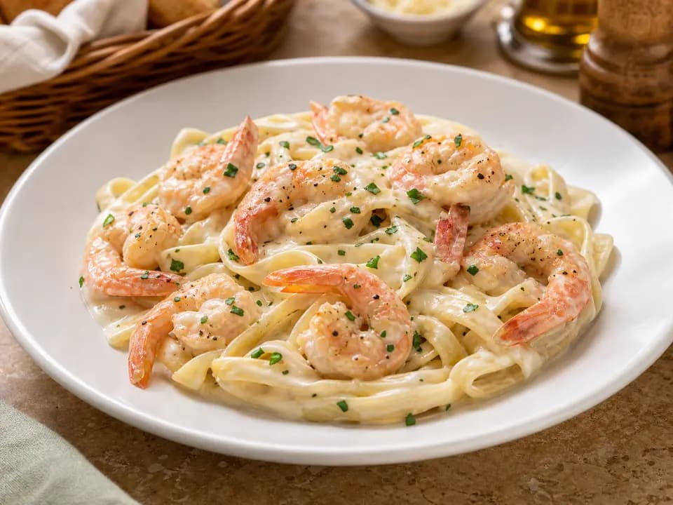 Original editorial rendering of Shrimp Alfredo for the pasta menu reference