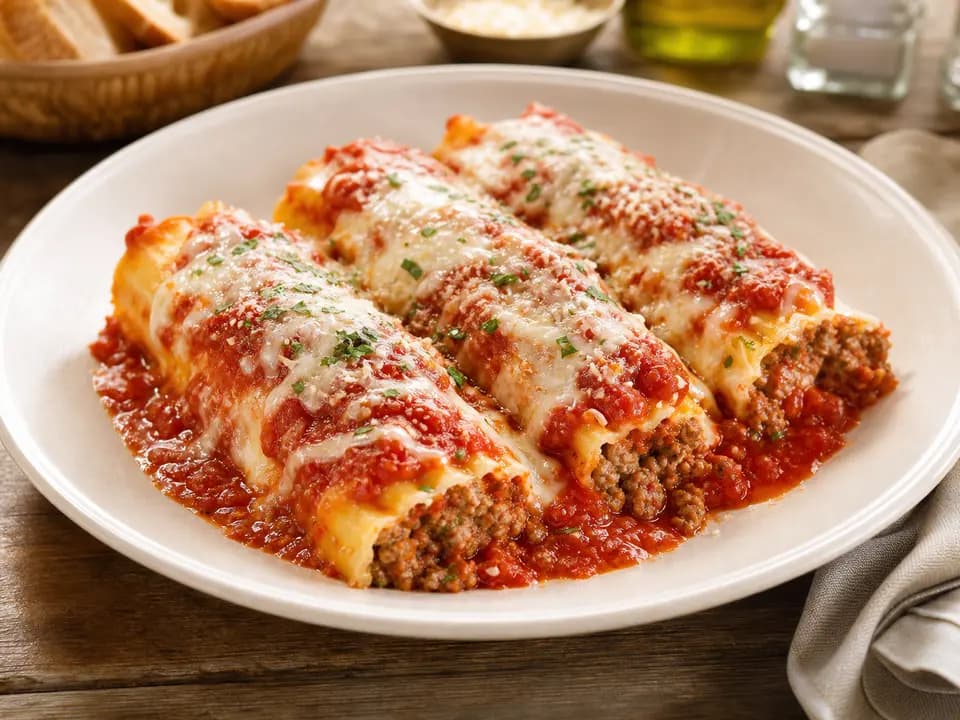 Original editorial rendering of Three-Meat Manicotti for the pasta menu reference