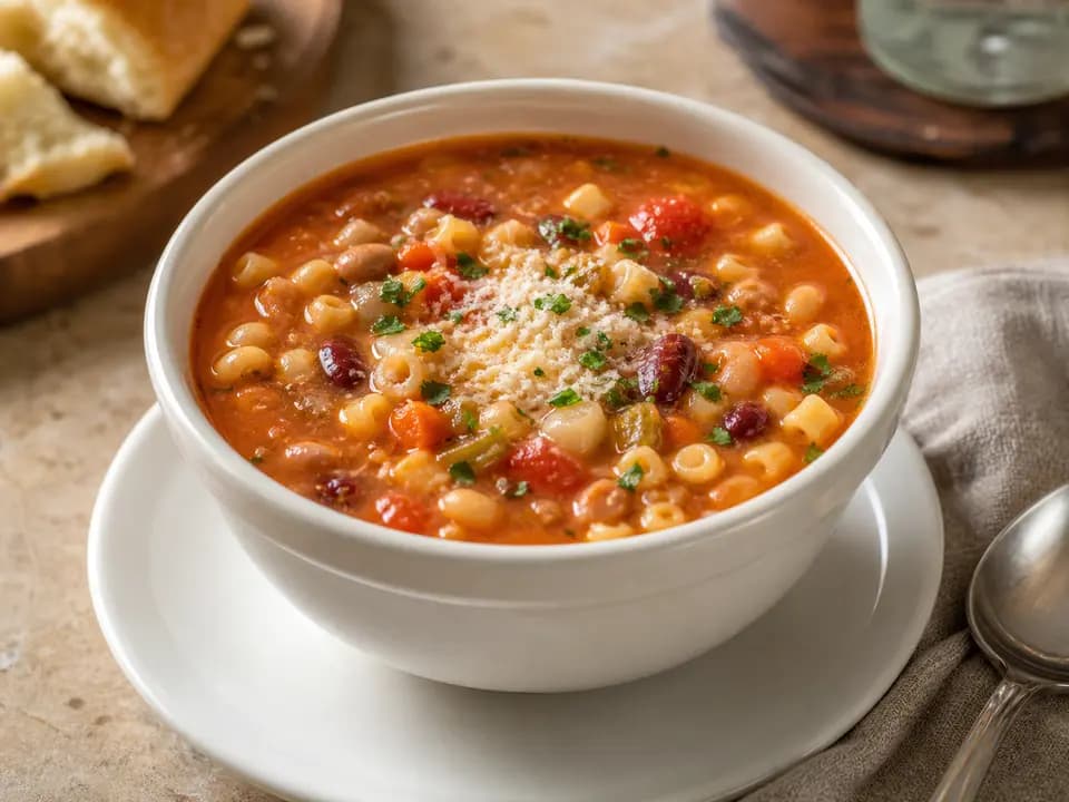 Original editorial rendering of Pasta e Fagioli (cup) for the soups & salads menu reference