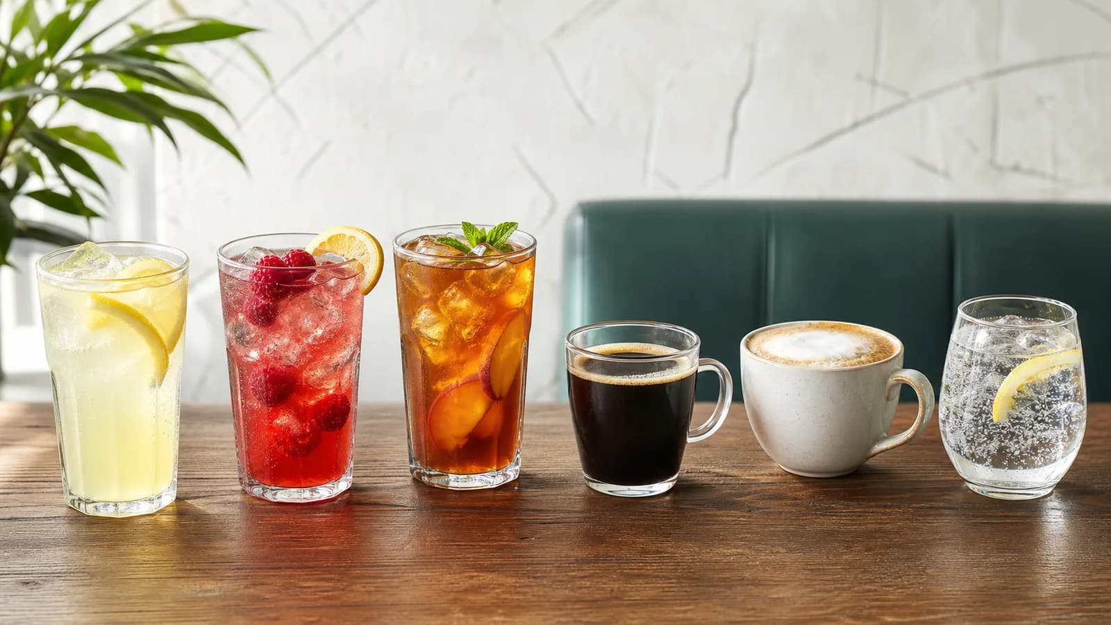 An original comparison flight of lemonade, iced tea, coffee and sparkling water