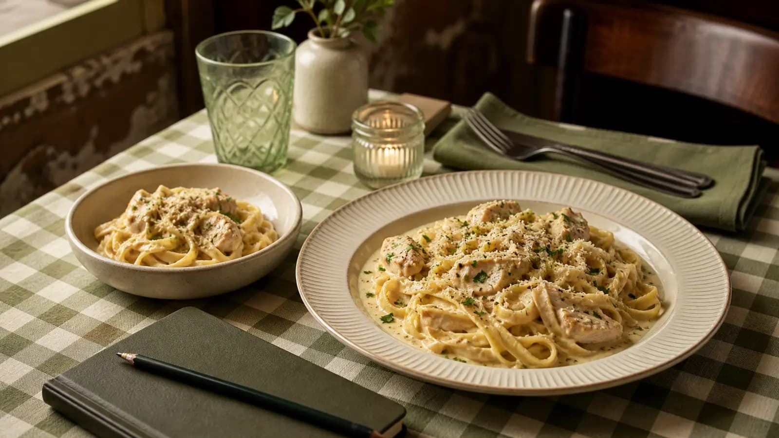 Small and full creamy pasta portions arranged for an editorial menu-change comparison