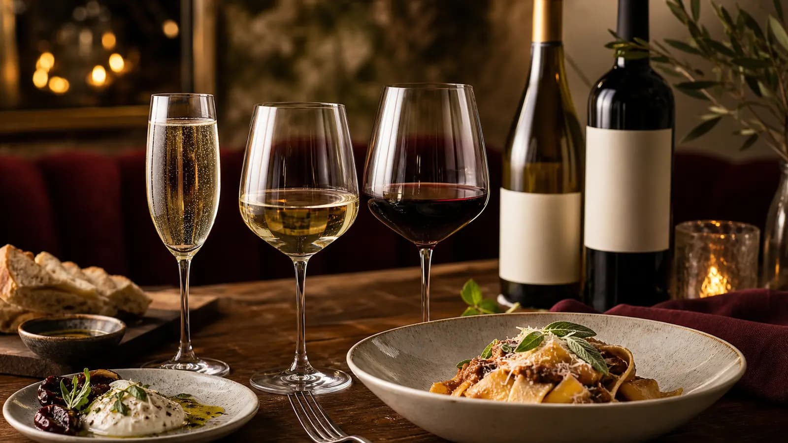 Sparkling, white and red wine styles arranged with pasta for an editorial pairing guide