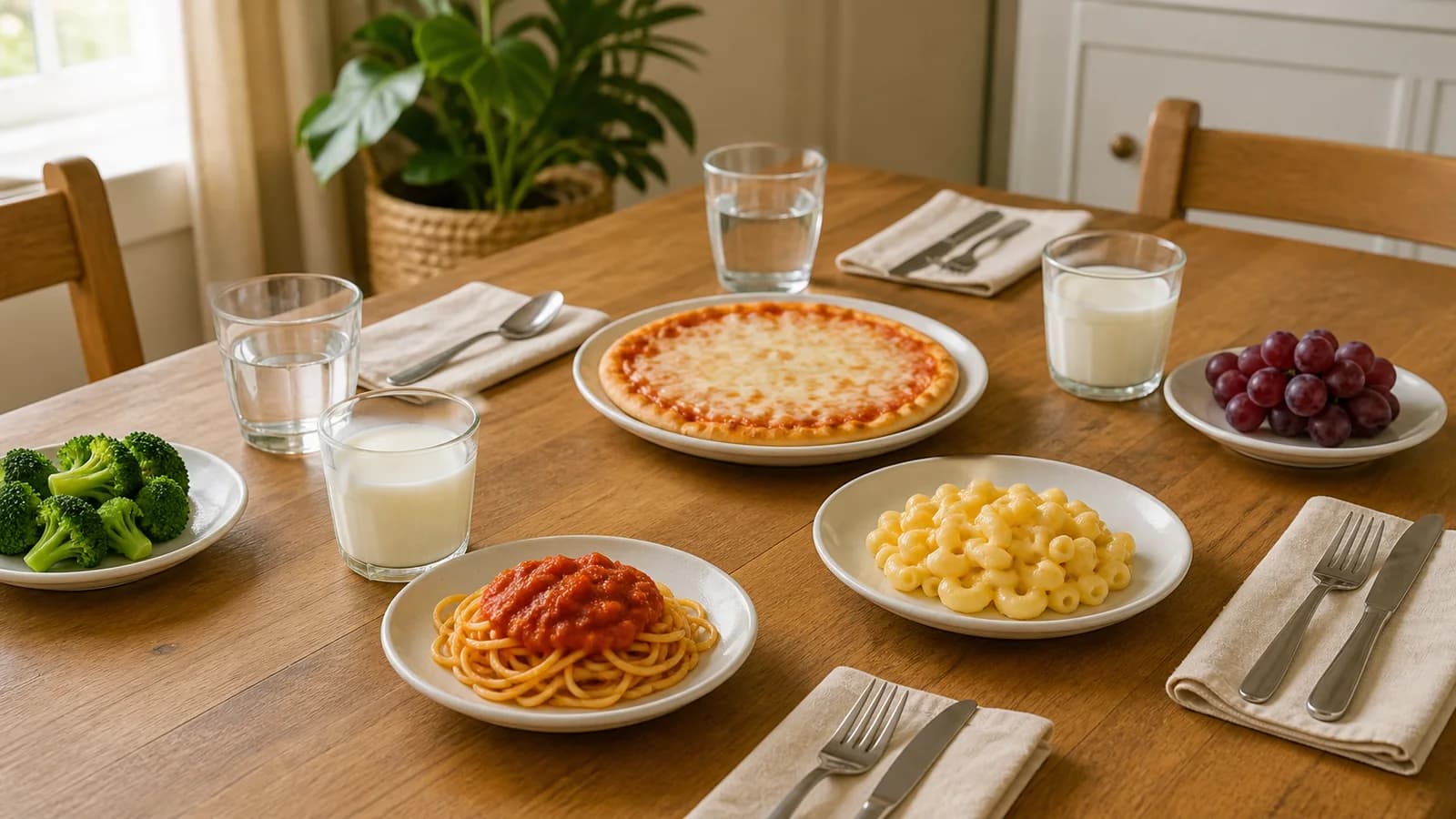 An original family table with smaller plates, vegetables, fruit, milk and water