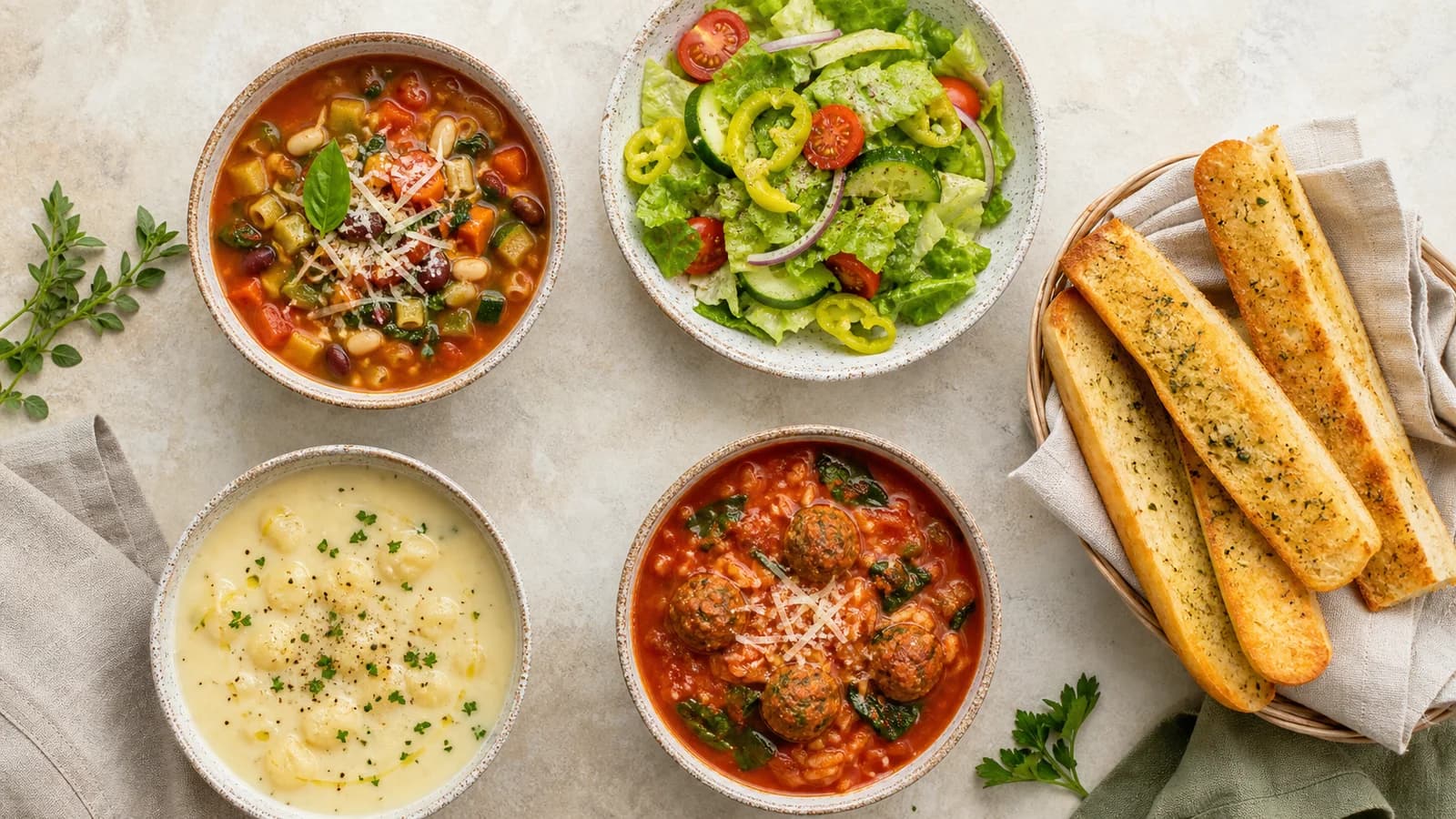 An original overhead comparison of soups, salad and garlic bread