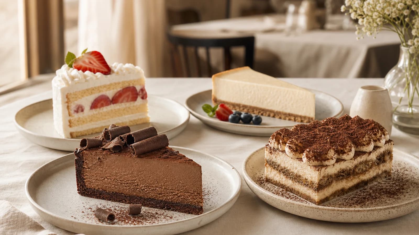 Layered cake and coffee-inspired desserts on a restaurant table