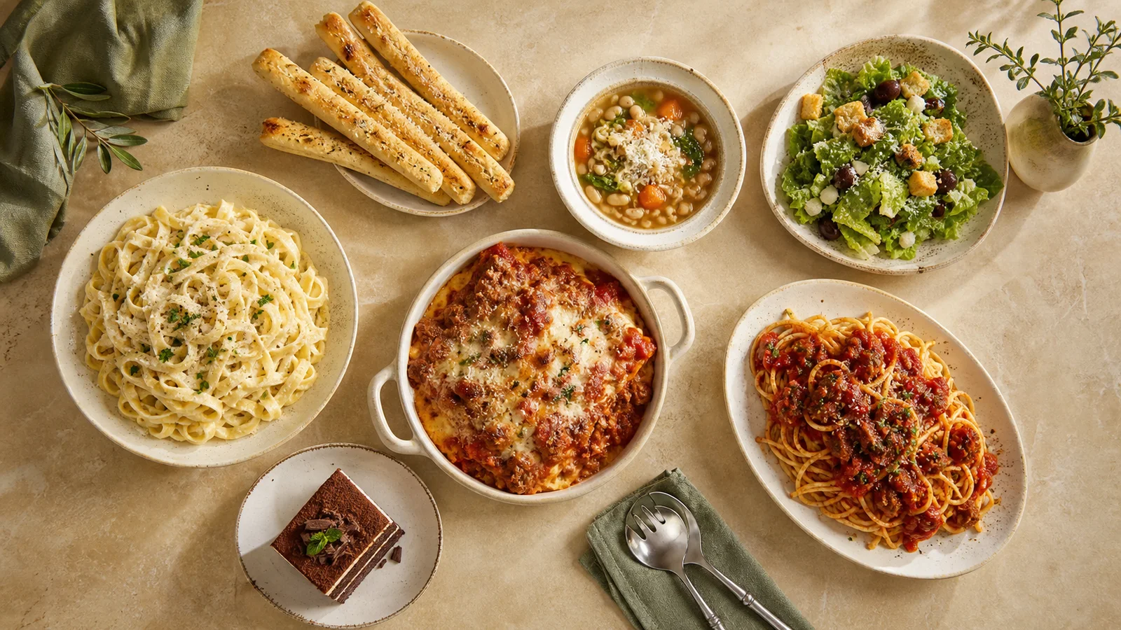 Original editorial comparison of pasta, baked dishes, soup, salad, breadsticks and dessert